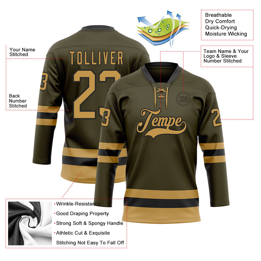 Custom Olive Old Gold-Black Salute To Service Hockey Lace Neck Jersey view 3