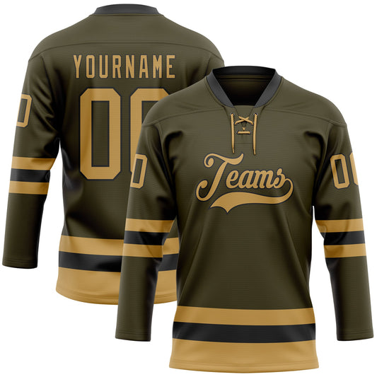 Custom Olive Old Gold-Black Salute To Service Hockey Lace Neck Jersey - Main View