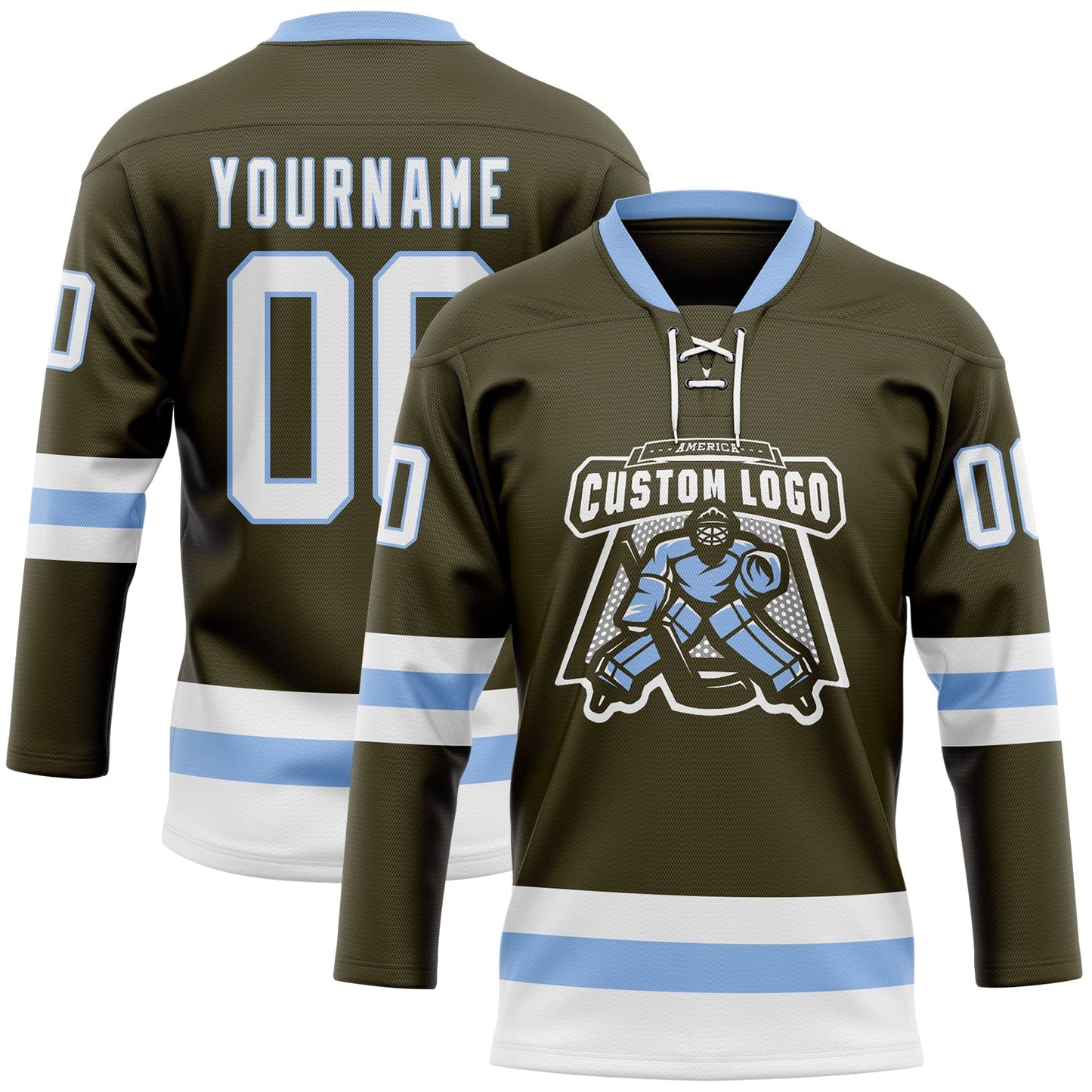 Custom Olive White-Light Blue Salute To Service Hockey Lace Neck Jersey view 2