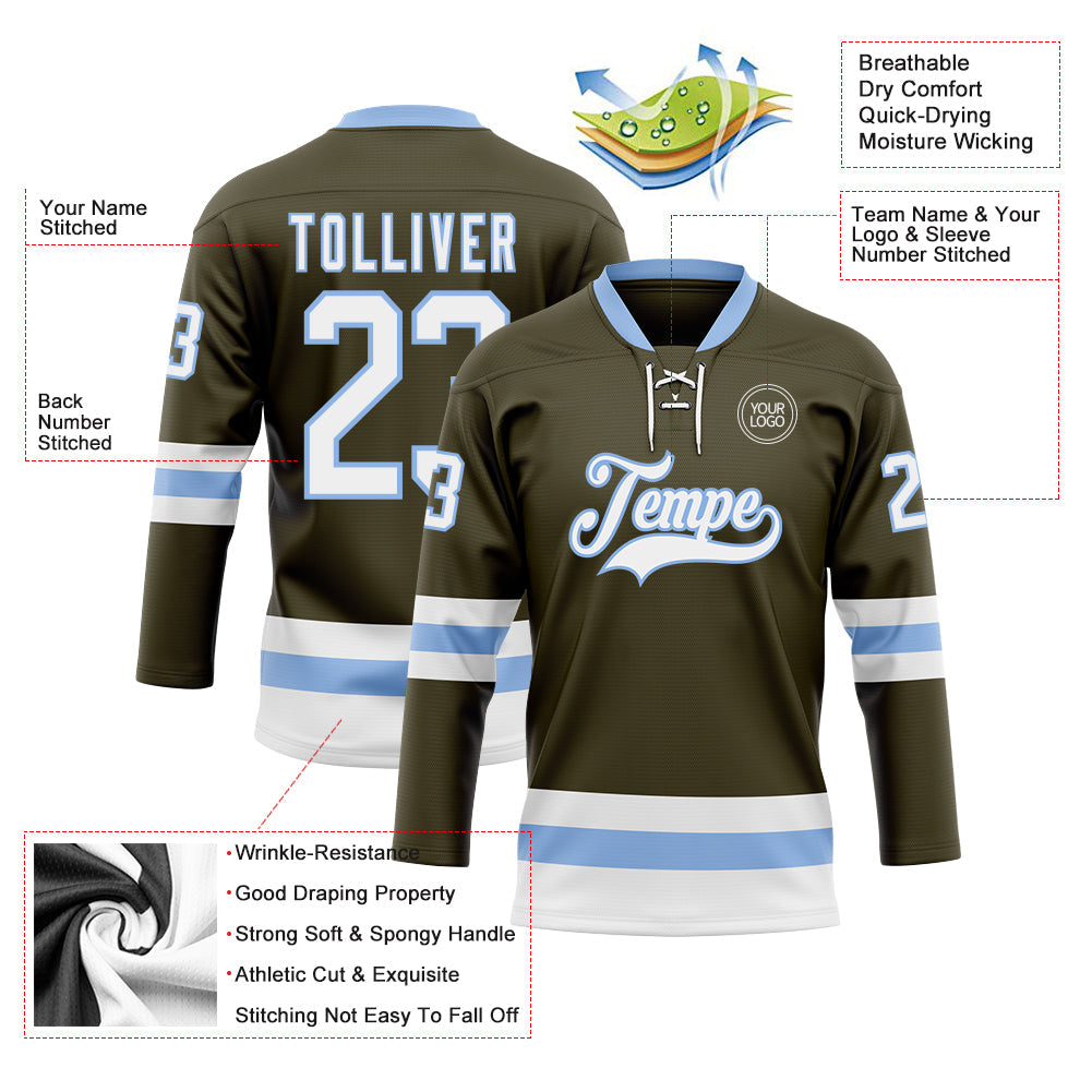 Custom Olive White-Light Blue Salute To Service Hockey Lace Neck Jersey view 3