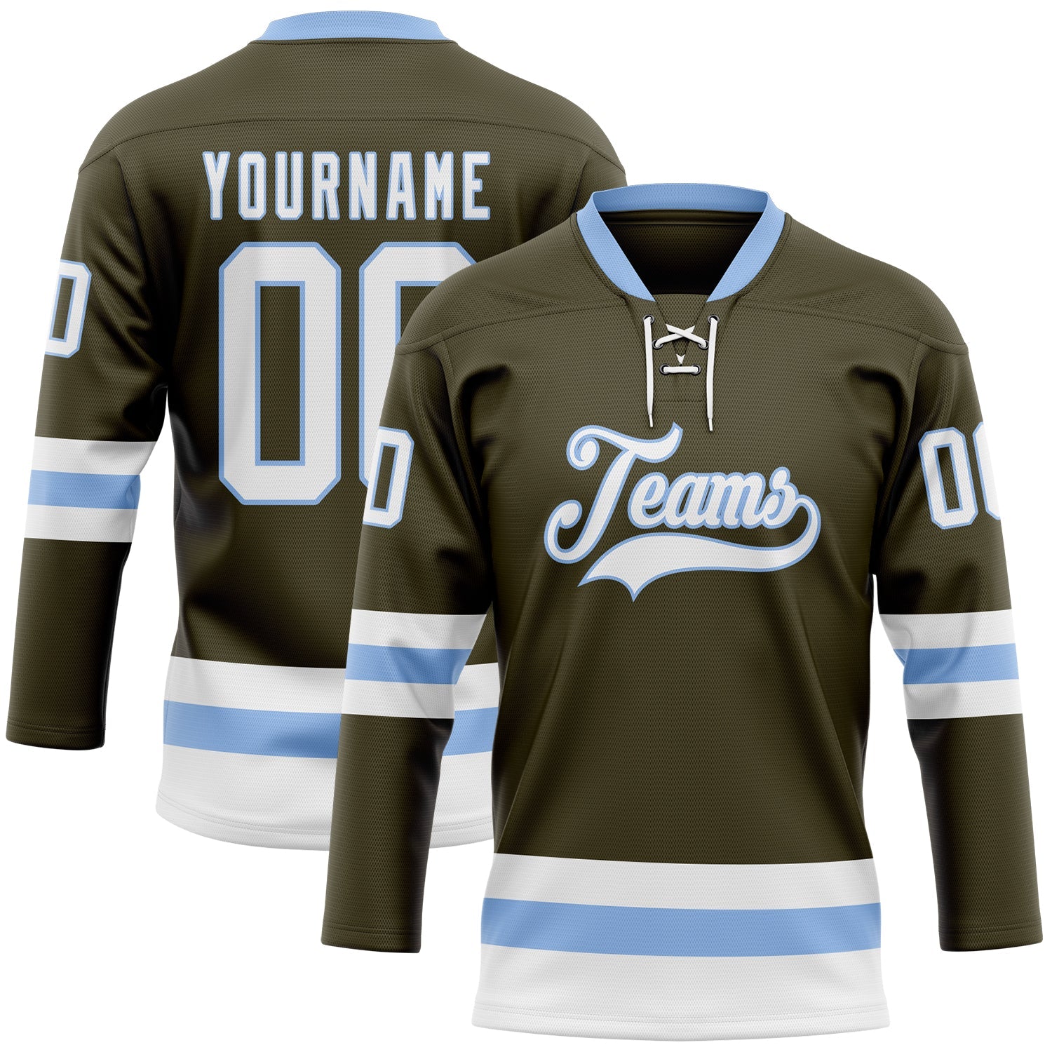 Custom Olive White-Light Blue Salute To Service Hockey Lace Neck Jersey - Main View
