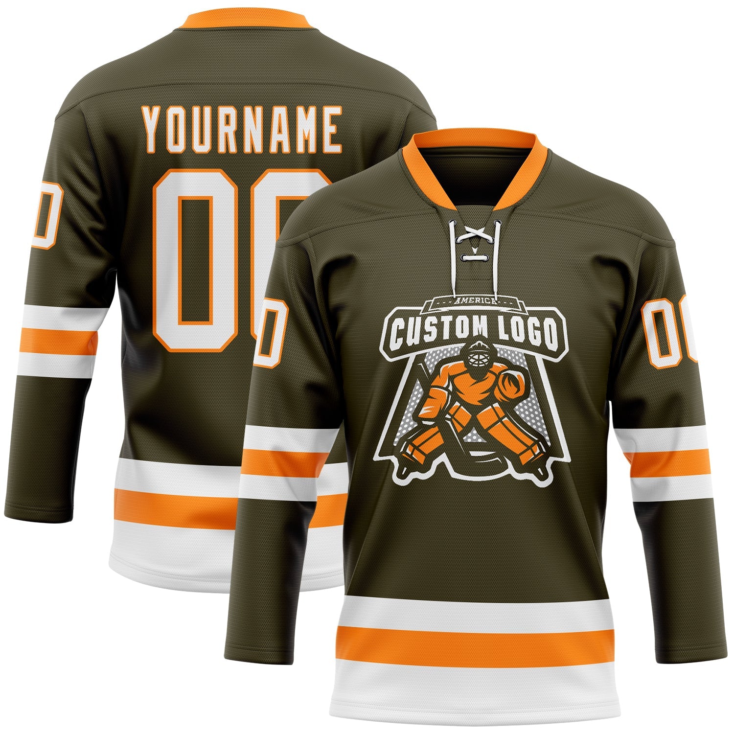 Custom Olive White-Bay Orange Salute To Service Hockey Lace Neck Jersey view 2