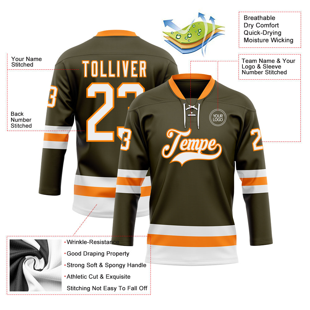 Custom Olive White-Bay Orange Salute To Service Hockey Lace Neck Jersey view 3