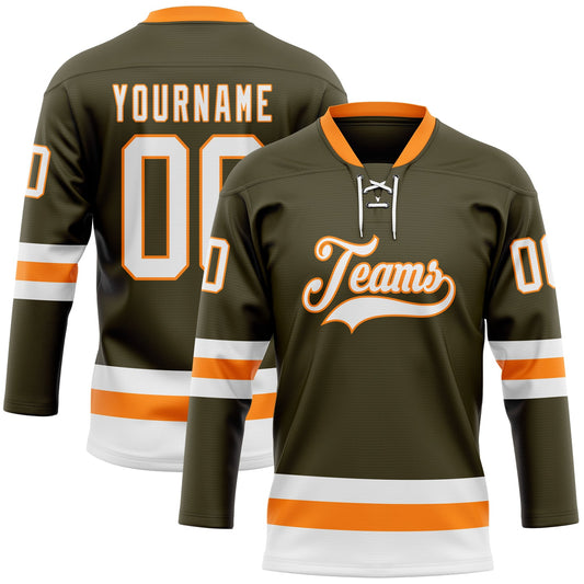 Custom Olive White-Bay Orange Salute To Service Hockey Lace Neck Jersey - Main View