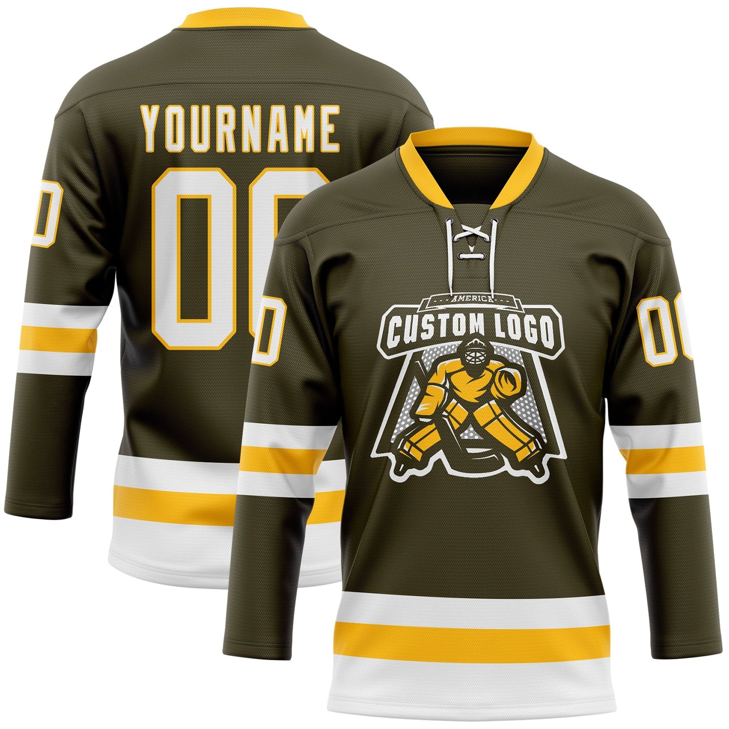 Custom Olive White-Gold Salute To Service Hockey Lace Neck Jersey view 2