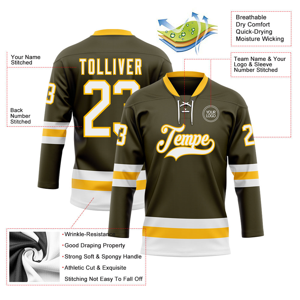 Custom Olive White-Gold Salute To Service Hockey Lace Neck Jersey view 3