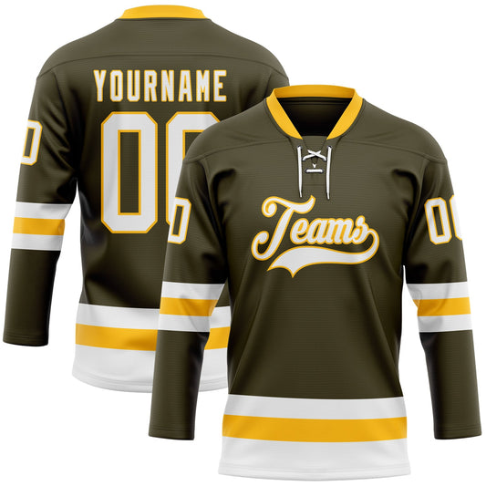 Custom Olive White-Gold Salute To Service Hockey Lace Neck Jersey - Main View