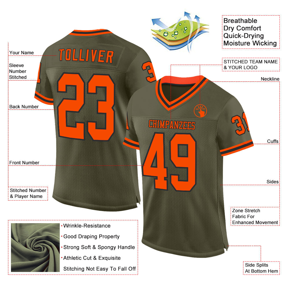 Custom Olive Orange-Black Mesh Authentic Throwback Salute To Service Football Jersey view 2