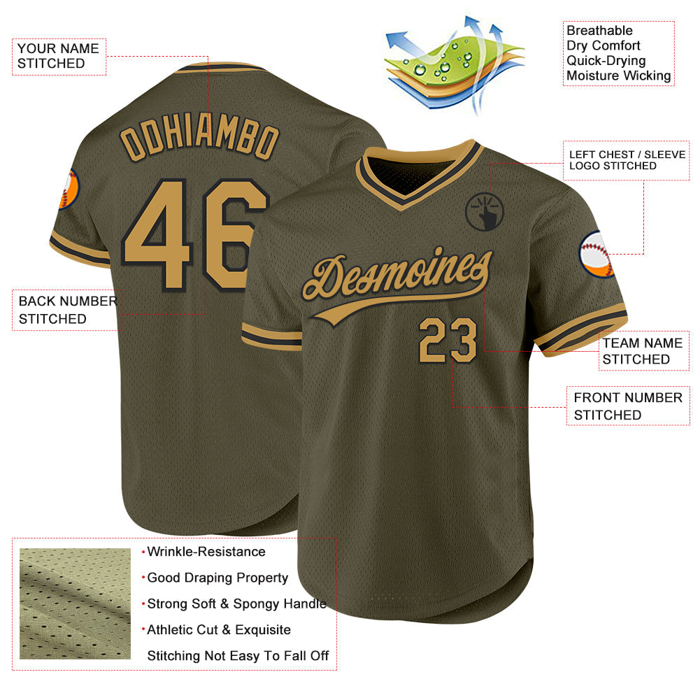 Custom Olive Old Gold-Black Authentic Throwback Salute To Service Baseball Jersey view 3