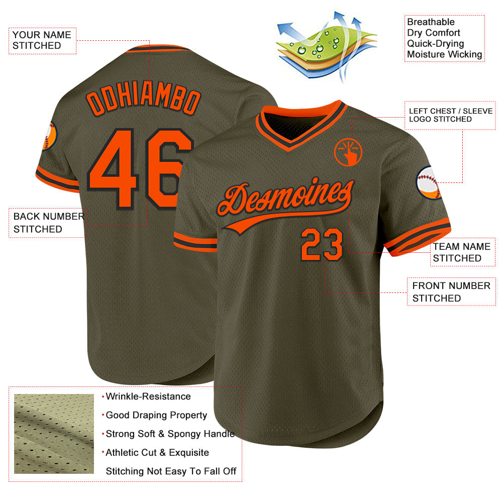 Custom Olive Orange-Black Authentic Throwback Salute To Service Baseball Jersey view 3
