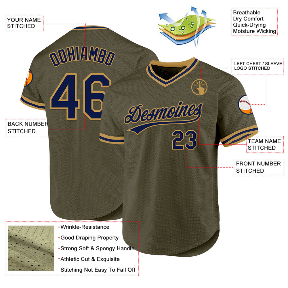 Custom Olive Navy-Old Gold Authentic Throwback Salute To Service Baseball Jersey view 3