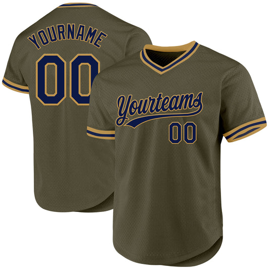 Custom Olive Navy-Old Gold Authentic Throwback Salute To Service Baseball Jersey - Main View