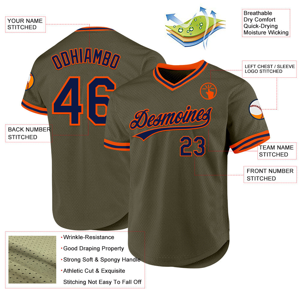 Custom Olive Navy-Orange Authentic Throwback Salute To Service Baseball Jersey view 3