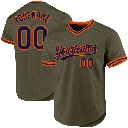 Custom Olive Navy-Orange Authentic Throwback Salute To Service Baseball Jersey - Main View