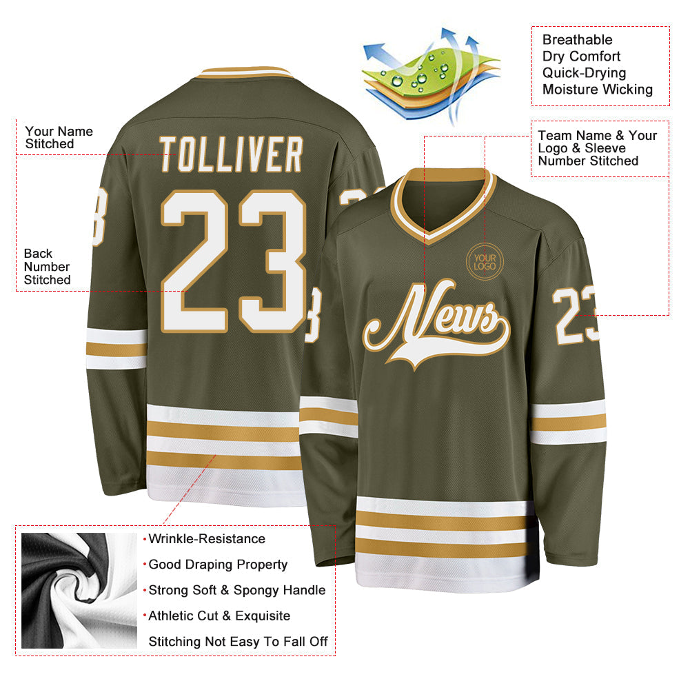 Custom Olive White-Old Gold Salute To Service Hockey Jersey view 3