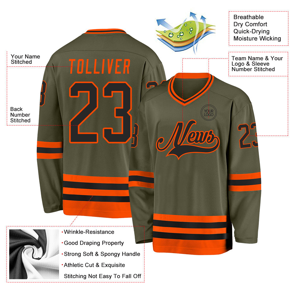 Custom Olive Black-Orange Salute To Service Hockey Jersey view 3