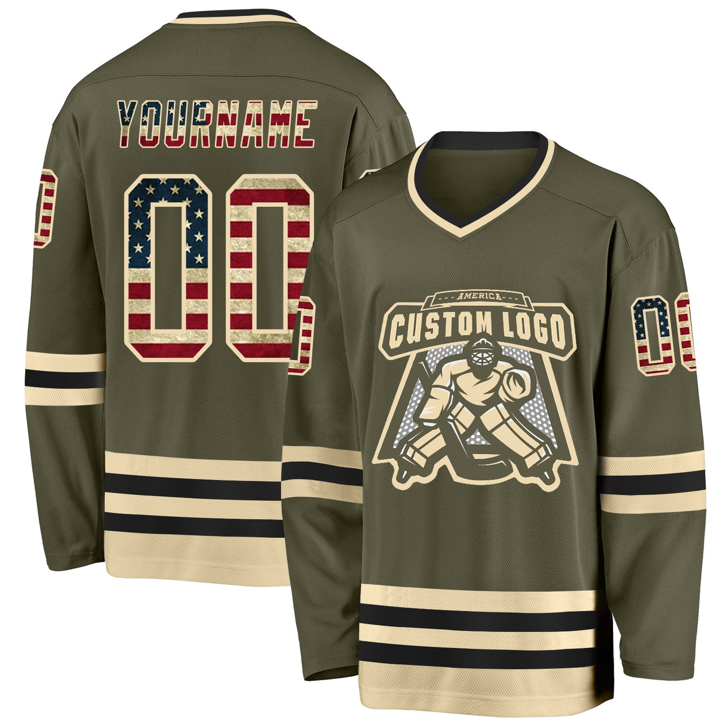 Custom Olive Vintage USA Flag Cream-Black Salute To Service Hockey Jersey view 2