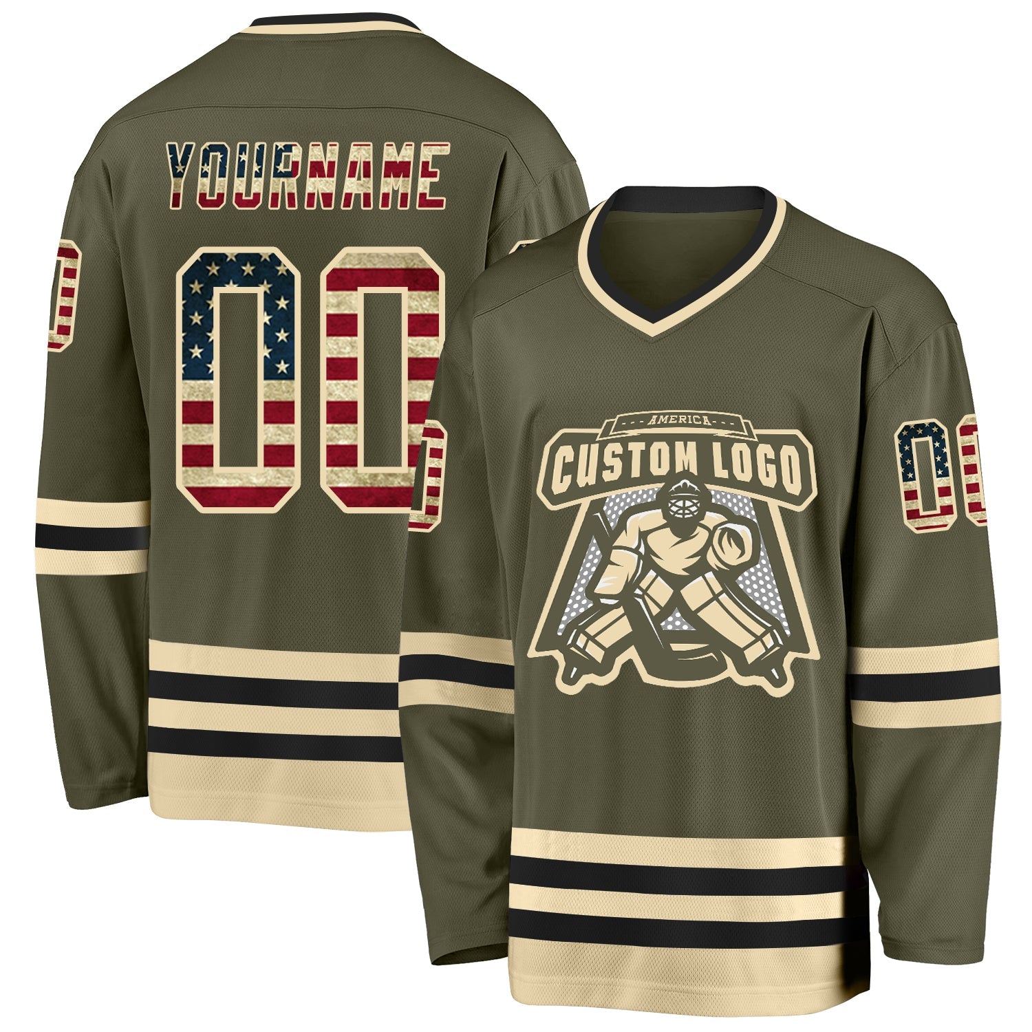 Custom Olive Vintage USA Flag Cream-Black Salute To Service Hockey Jersey view 2