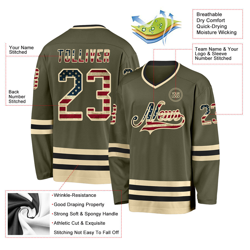 Custom Olive Vintage USA Flag Cream-Black Salute To Service Hockey Jersey view 3