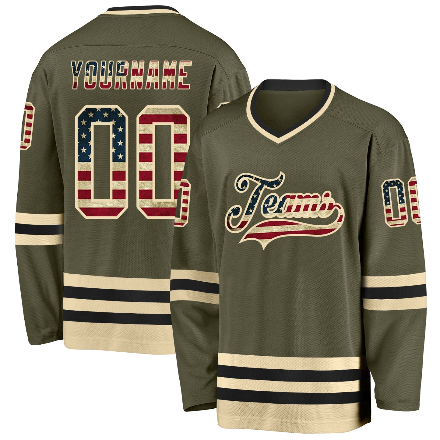 Custom Olive Vintage USA Flag Cream-Black Salute To Service Hockey Jersey - Main View