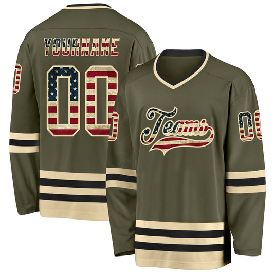 Custom Olive Vintage USA Flag Cream-Black Salute To Service Hockey Jersey - Main View