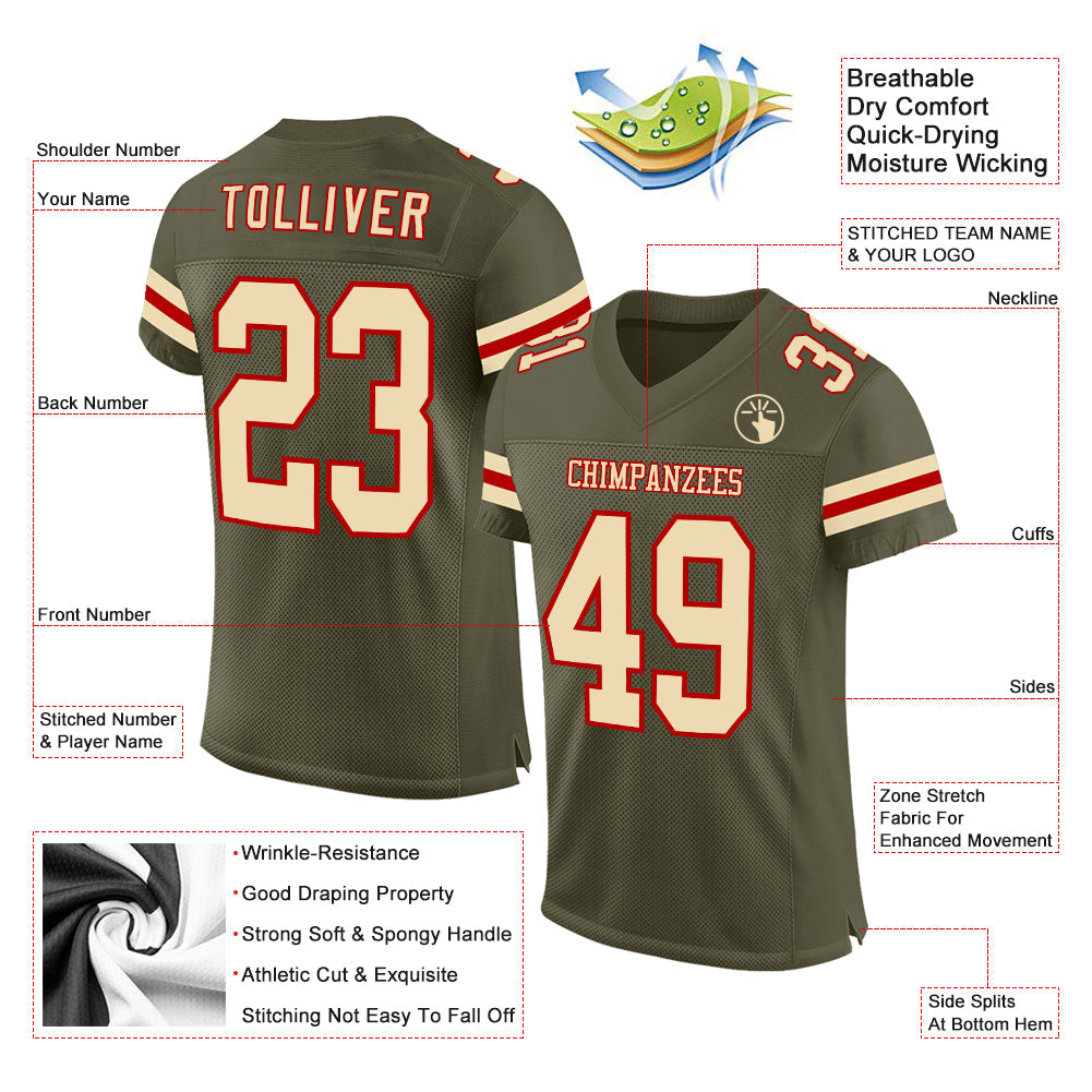 Custom Olive Cream-Red Mesh Authentic Salute To Service Football Jersey view 2