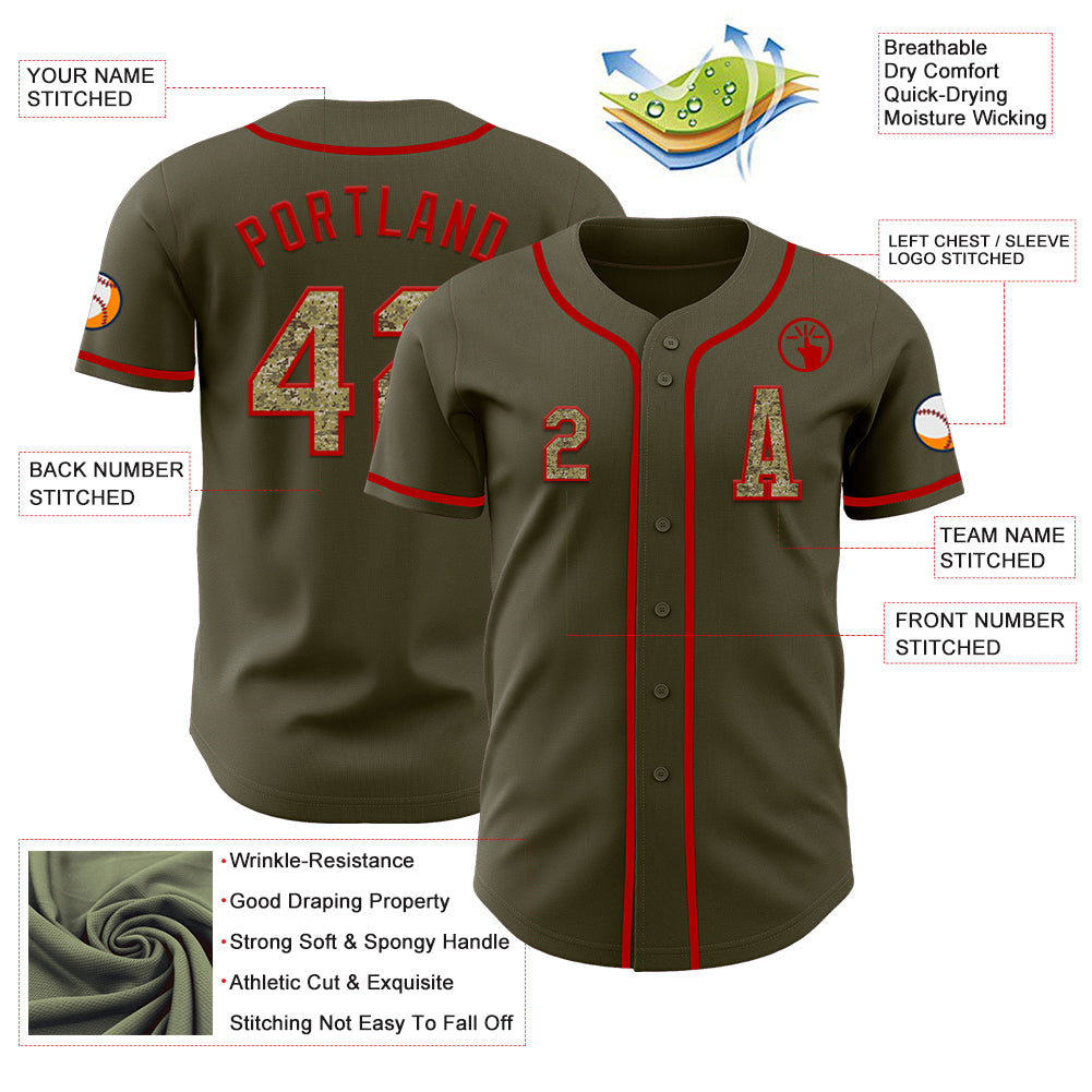 Custom Olive Camo-Red Authentic Salute To Service Baseball Jersey view 2