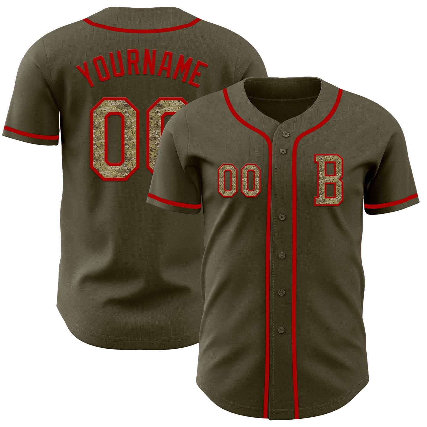 Custom Olive Camo-Red Authentic Salute To Service Baseball Jersey - Main View