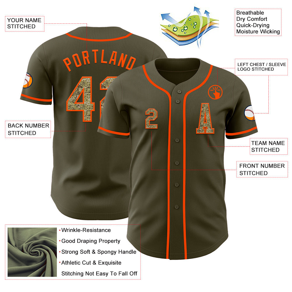Custom Olive Camo-Orange Authentic Salute To Service Baseball Jersey view 2