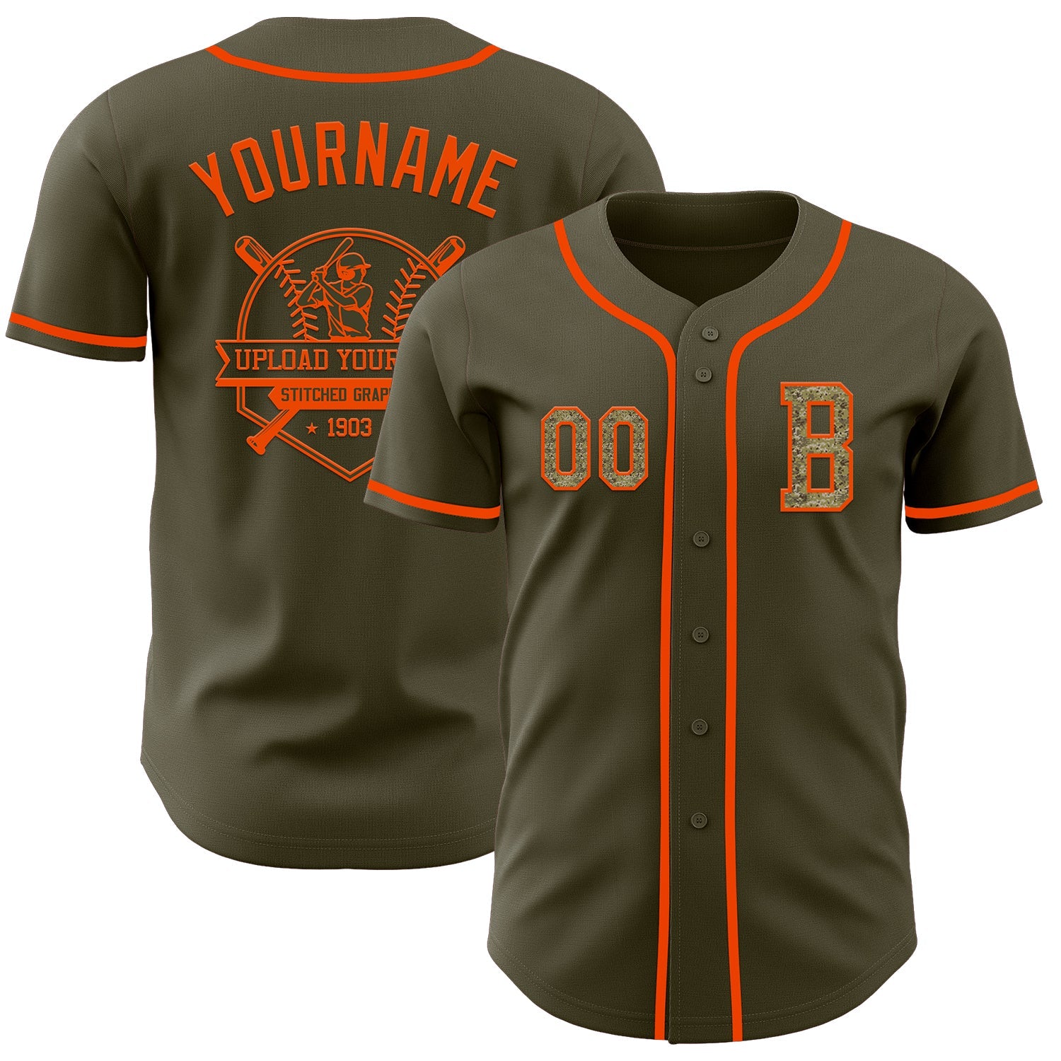 Custom Olive Camo-Orange Authentic Salute To Service Baseball Jersey view 5