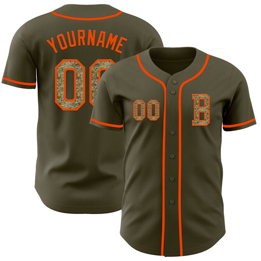 Custom Olive Camo-Orange Authentic Salute To Service Baseball Jersey - Main View