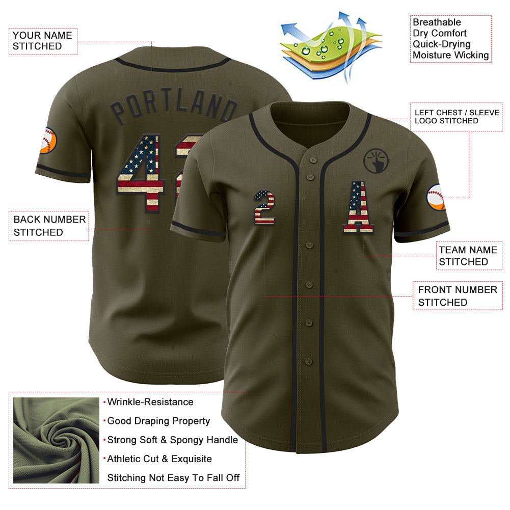 Custom Olive Vintage USA Flag-Black Authentic Salute To Service Baseball Jersey view 2