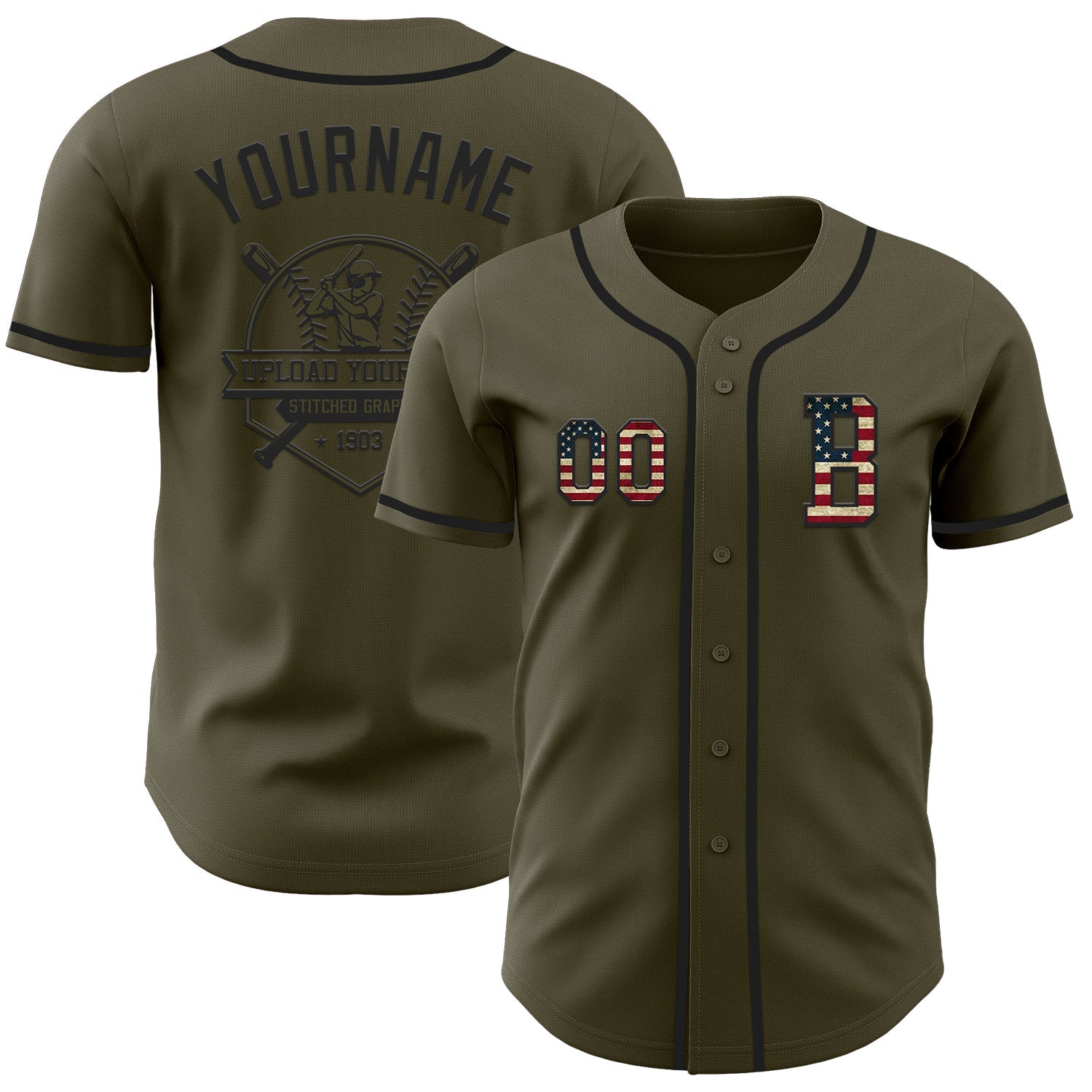 Custom Olive Vintage USA Flag-Black Authentic Salute To Service Baseball Jersey view 5
