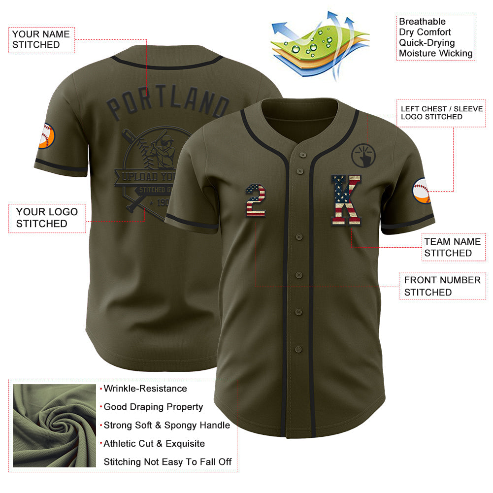 Custom Olive Vintage USA Flag-Black Authentic Salute To Service Baseball Jersey view 6