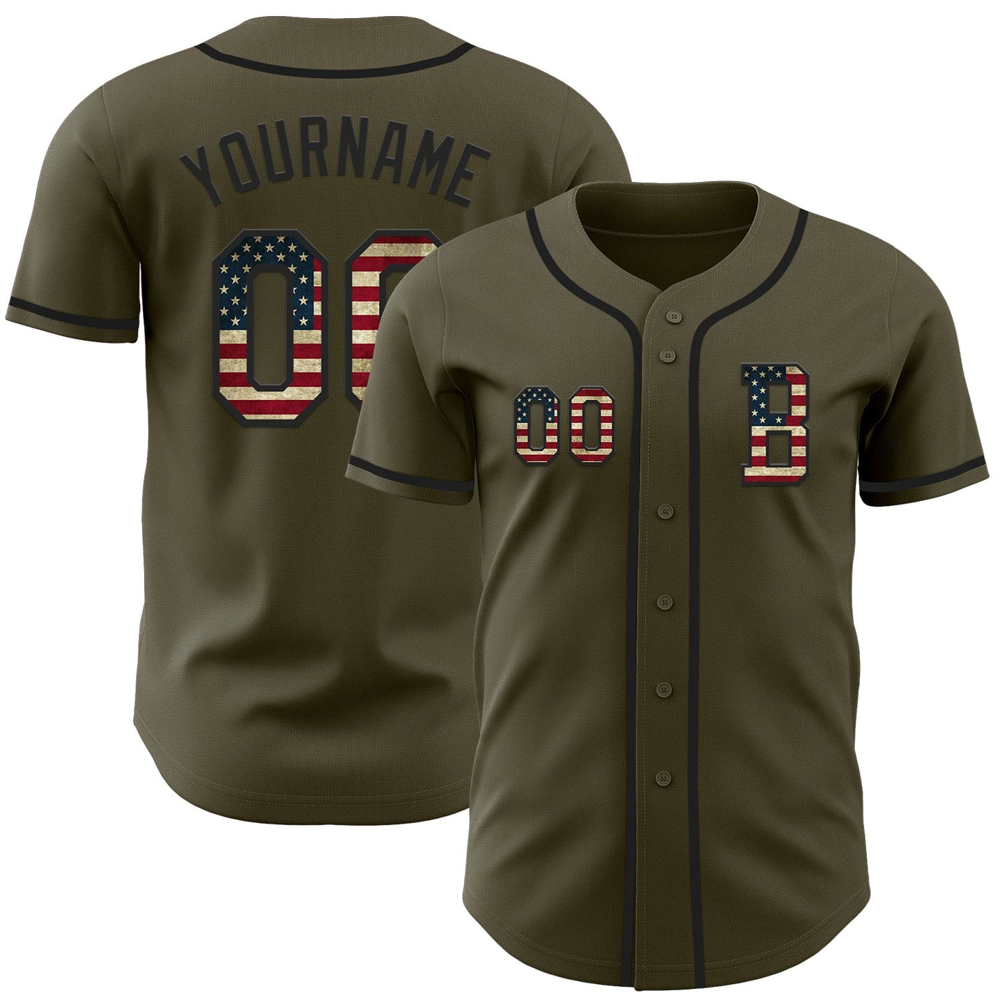 Custom Olive Vintage USA Flag-Black Authentic Salute To Service Baseball Jersey - Main View