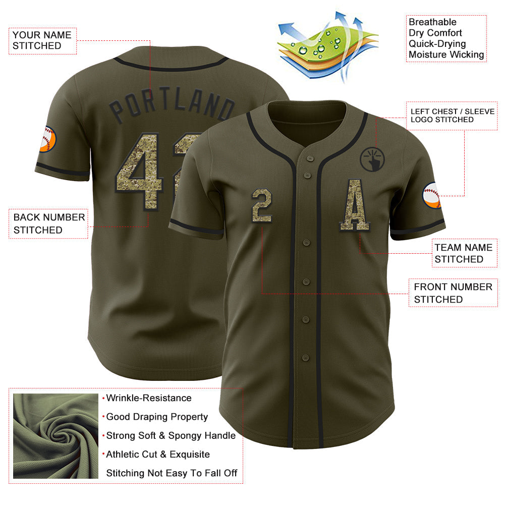 Custom Olive Camo-Black Authentic Salute To Service Baseball Jersey view 2