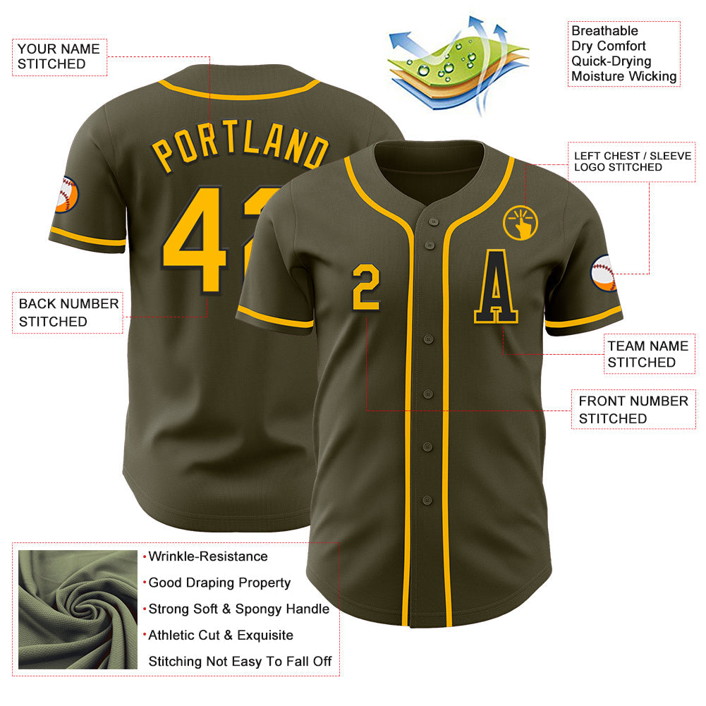 Custom Olive Gold-Black Authentic Salute To Service Baseball Jersey view 2