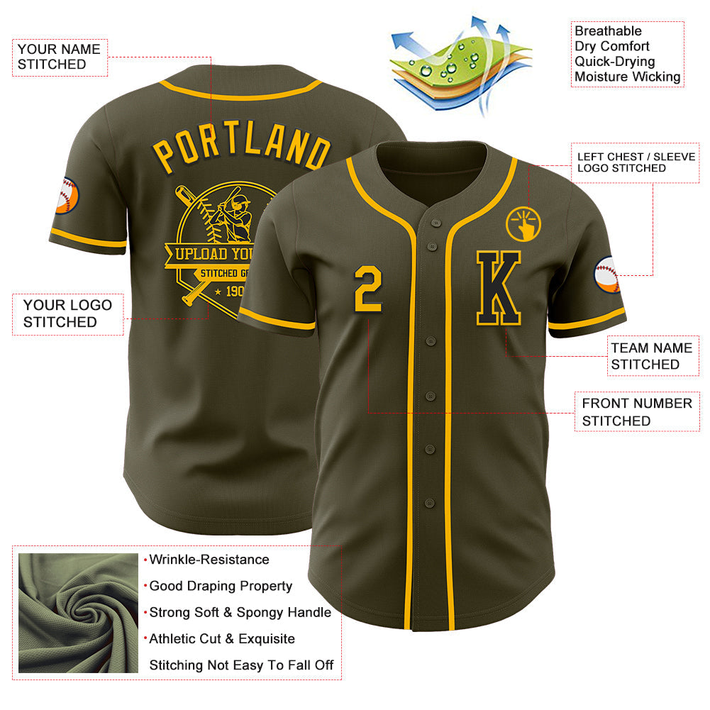 Custom Olive Gold-Black Authentic Salute To Service Baseball Jersey view 6