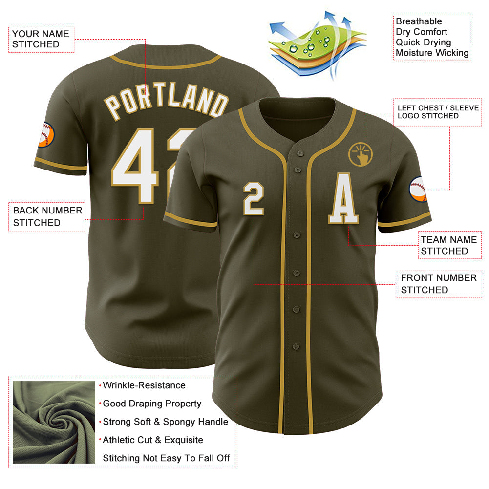Custom Olive White-Old Gold Authentic Salute To Service Baseball Jersey view 2