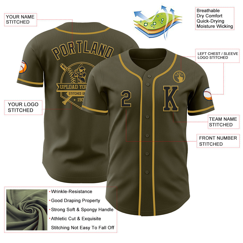 Custom Olive Black-Old Gold Authentic Salute To Service Baseball Jersey view 6