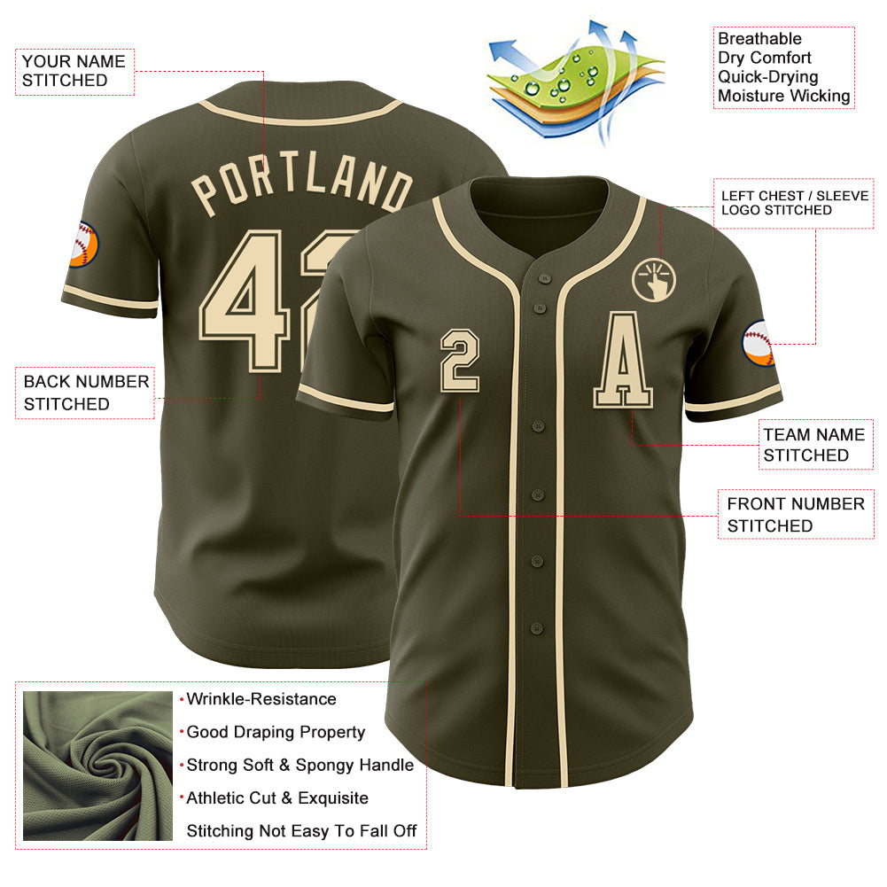 Custom Olive Cream Authentic Salute To Service Baseball Jersey view 2