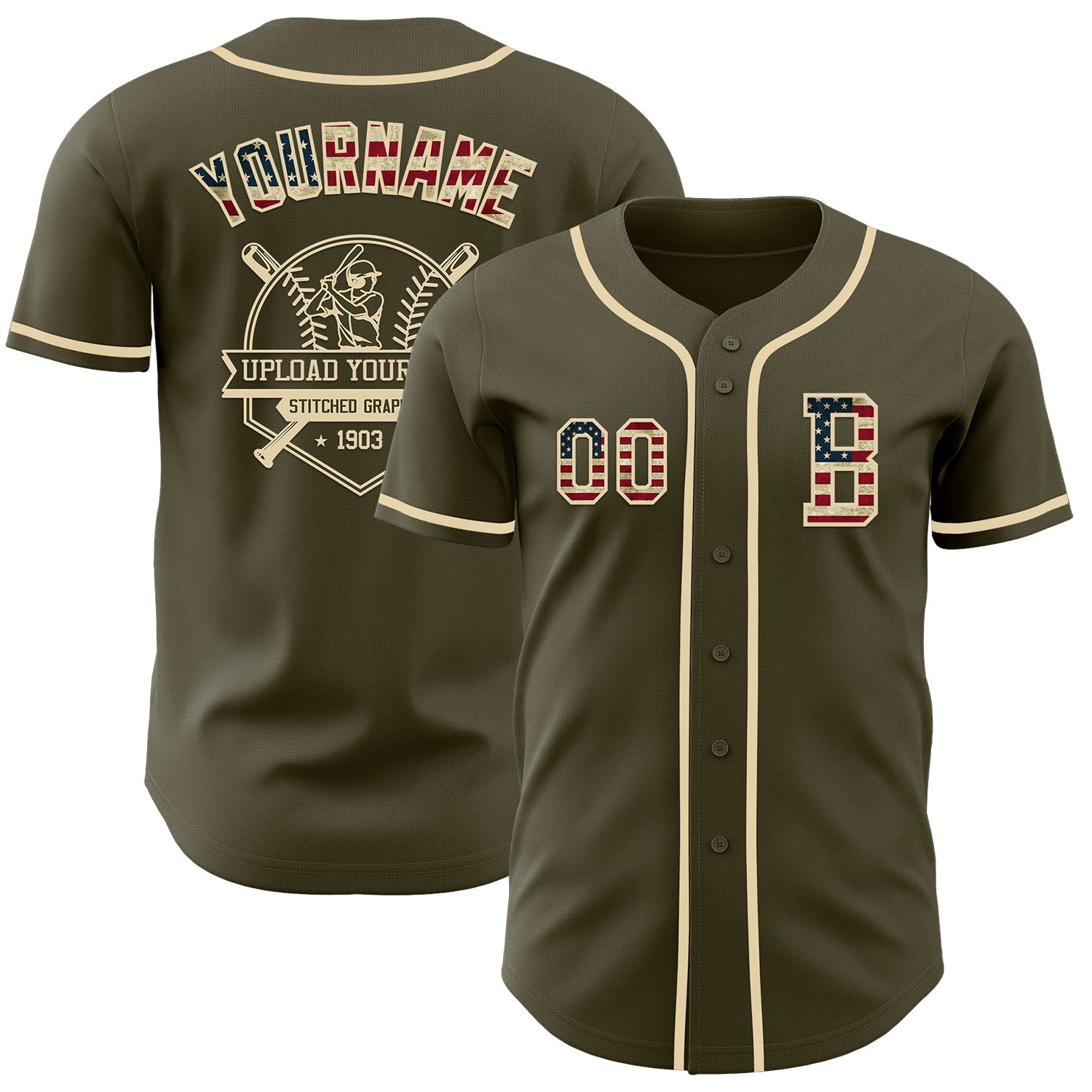 Custom Olive Vintage USA Flag-Cream Authentic Salute To Service Baseball Jersey view 5