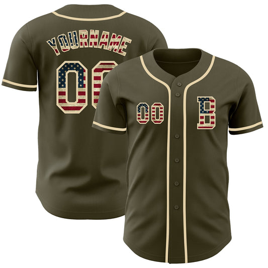 Custom Olive Vintage USA Flag-Cream Authentic Salute To Service Baseball Jersey - Main View