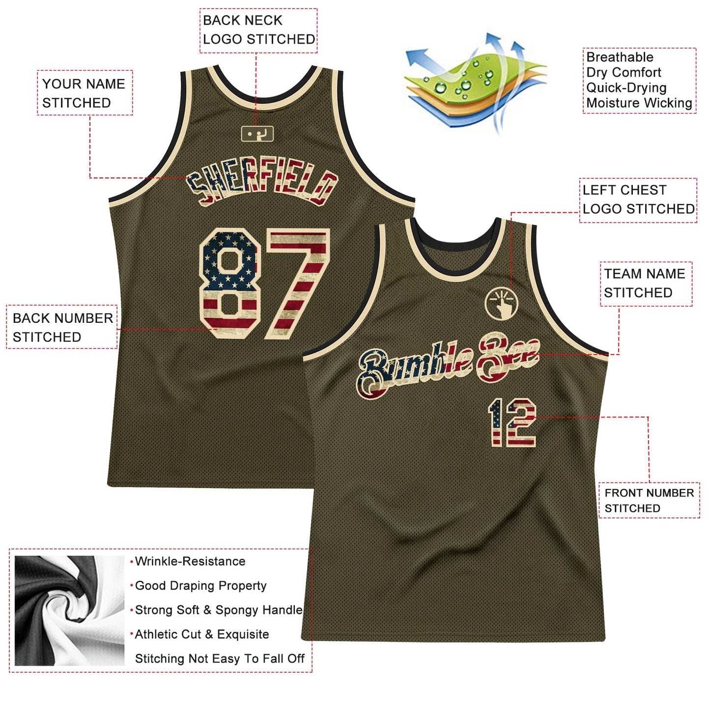 Custom Olive Vintage USA Flag Cream-Black Authentic Throwback Salute To Service Basketball Jersey view 2