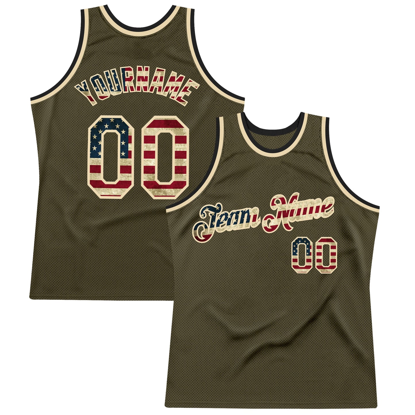 Custom Olive Vintage USA Flag Cream-Black Authentic Throwback Salute To Service Basketball Jersey - Main View