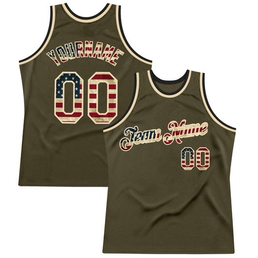 Custom Olive Vintage USA Flag Cream-Black Authentic Throwback Salute To Service Basketball Jersey - Main View