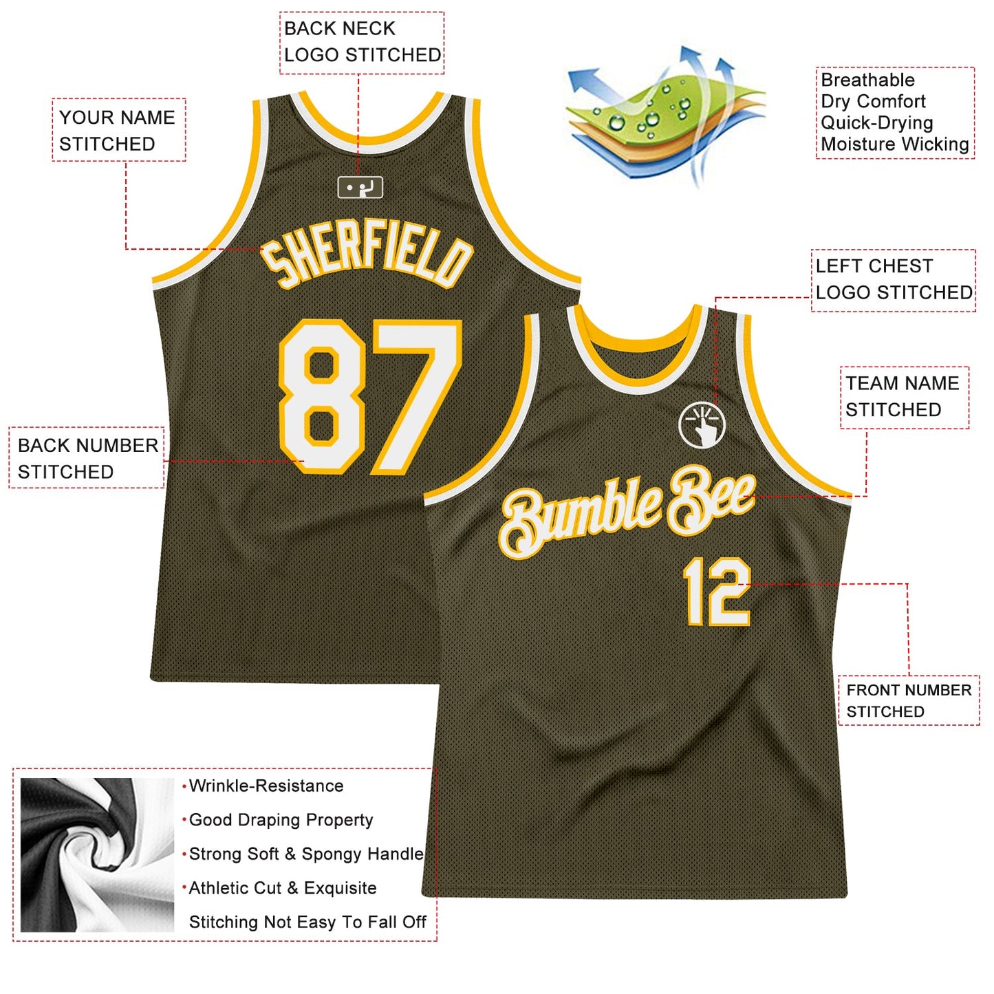 Custom Olive White-Gold Authentic Throwback Salute To Service Basketball Jersey view 2