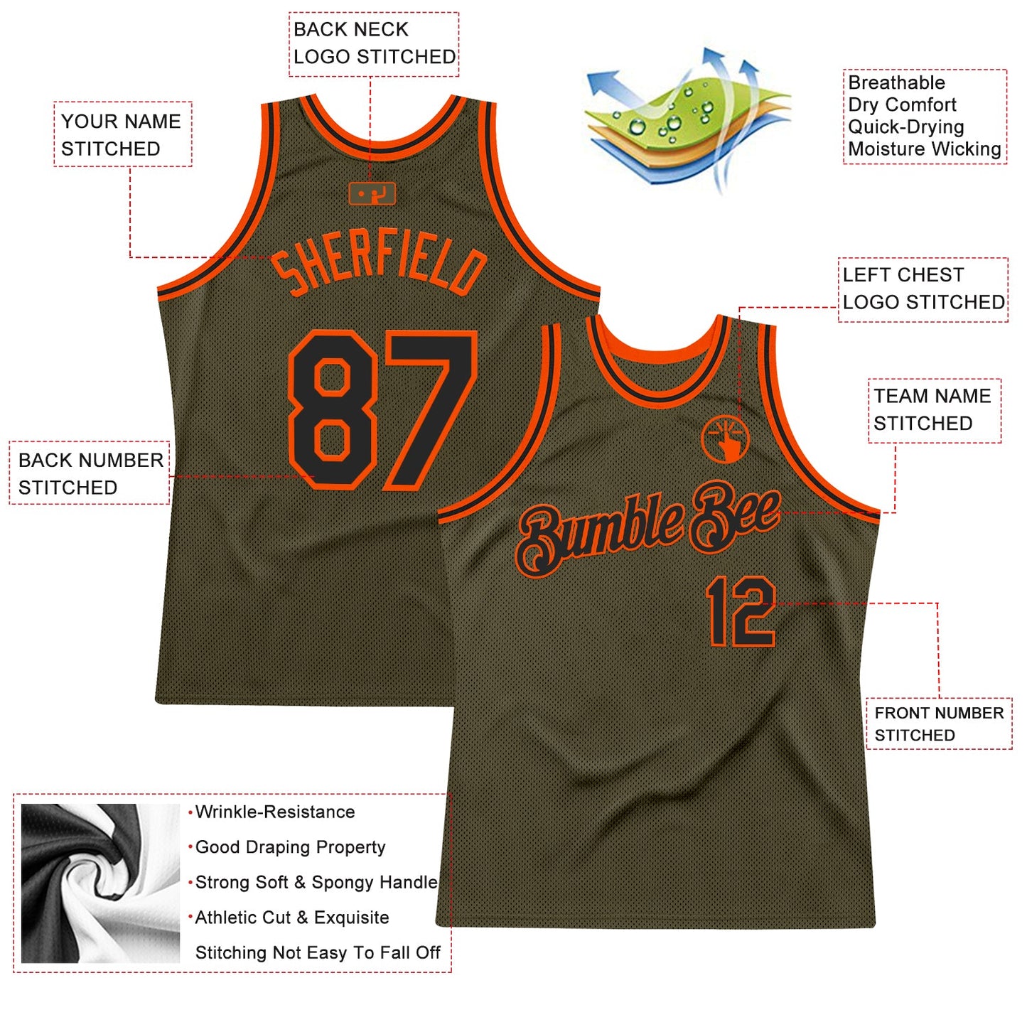 Custom Olive Black-Orange Authentic Throwback Salute To Service Basketball Jersey view 2