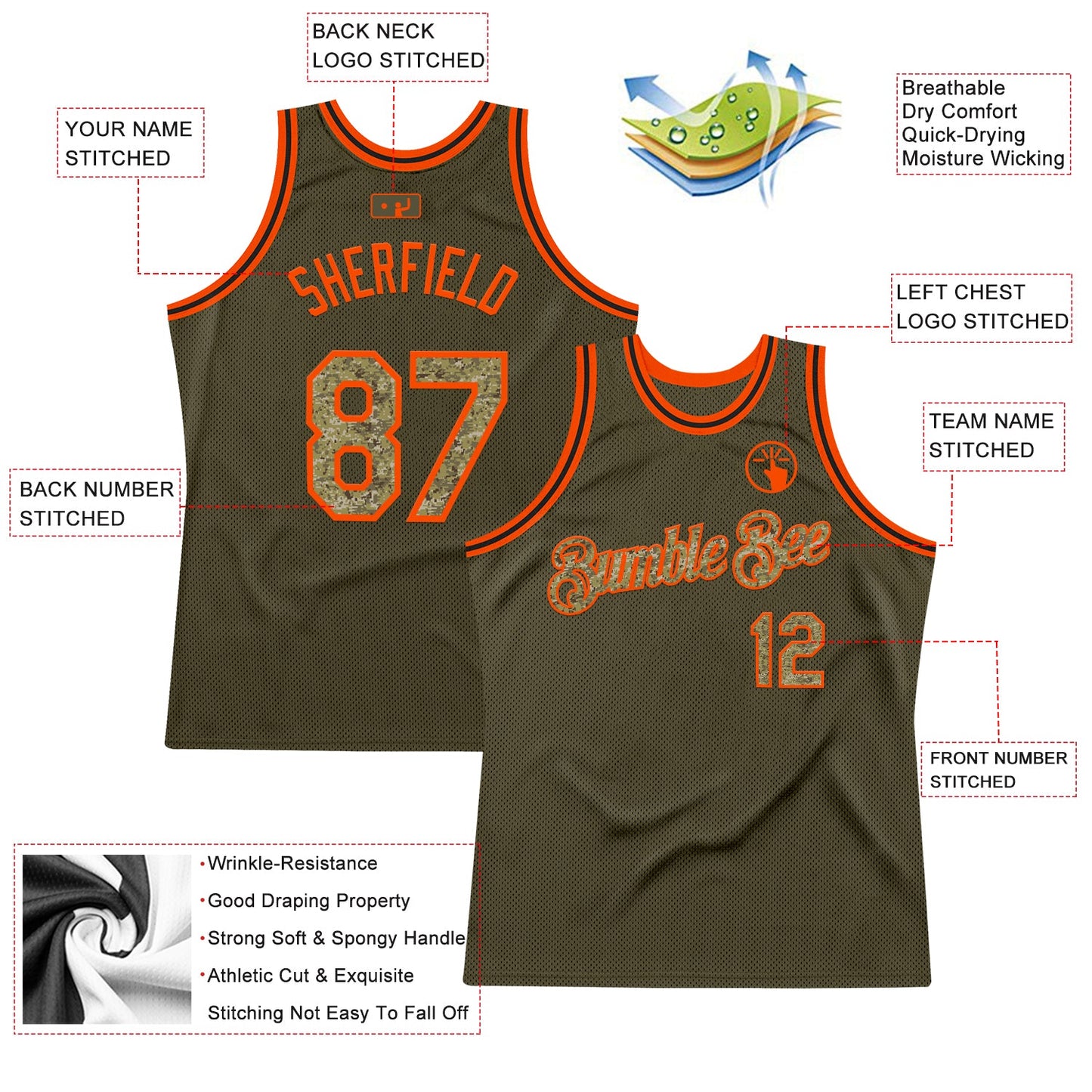 Custom Olive Camo Orange-Black Authentic Throwback Salute To Service Basketball Jersey view 2