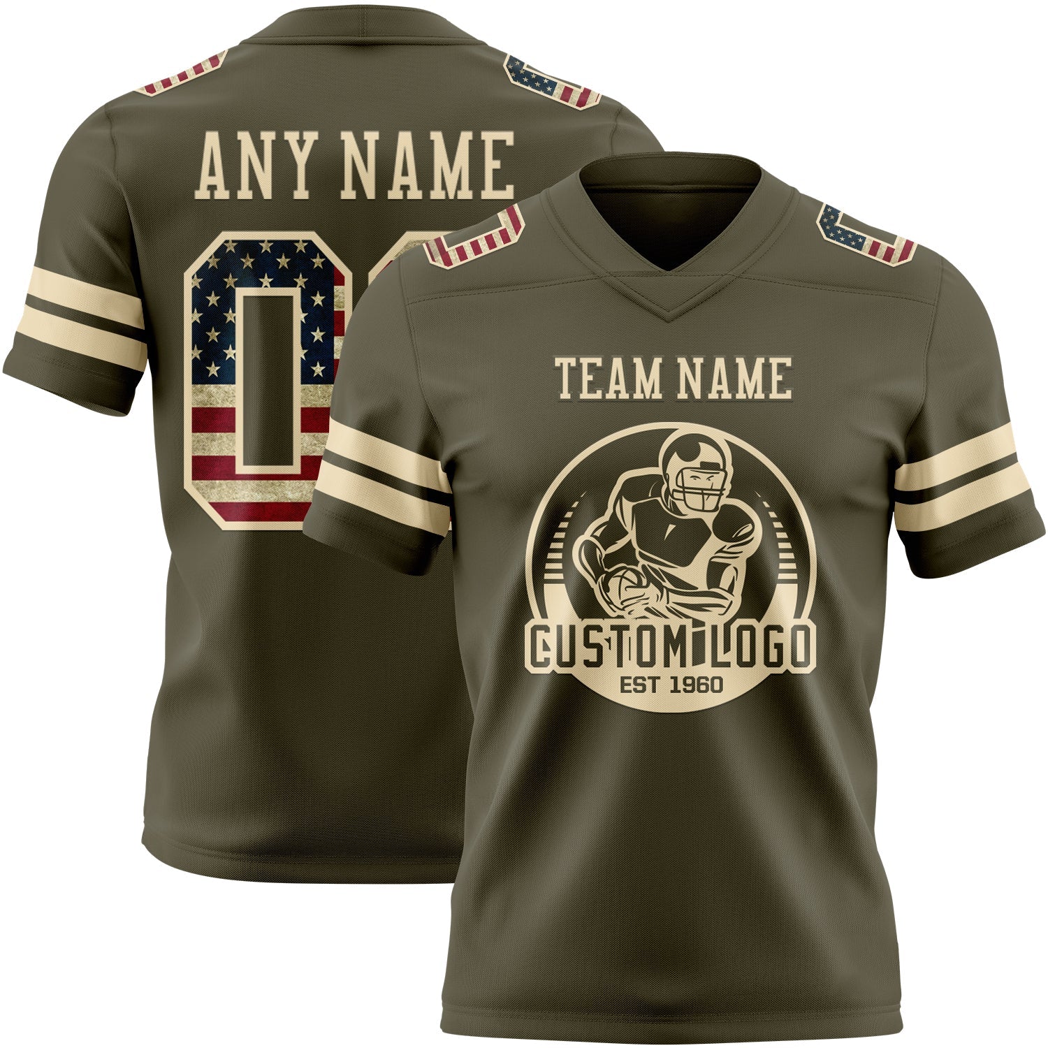 Custom Olive Vintage USA Flag-Cream Authentic Salute To Service Football Jersey view 2